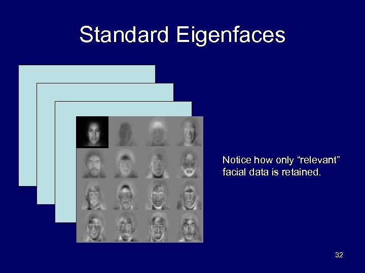 Standard Eigenfaces Notice how only “relevant” facial data is retained. 32 