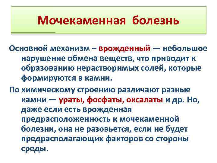 Мочекаменная болезнь Основной механизм – врожденный — небольшое нарушение обмена веществ, что приводит к