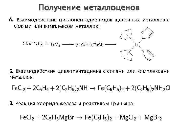 Получение металлоценов А. Взаимодействие циклопентадиенидов щелочных металлов с солями или комплексом металлов: Б. Взаимодействие