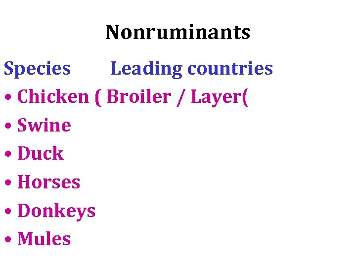 Nonruminants Species Leading countries • Chicken ( Broiler / Layer( • Swine • Duck