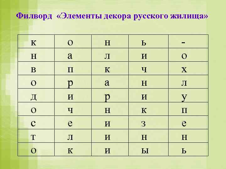 Филворд «Элементы декора русского жилища» к н в о д о с т о