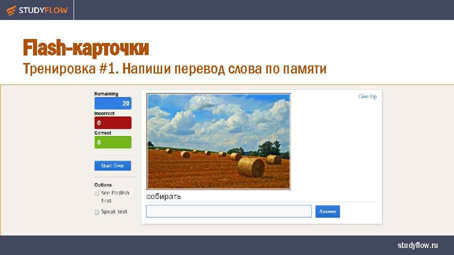 Flash-карточки Тренировка #1. Напиши перевод слова по памяти studyflow. ru 
