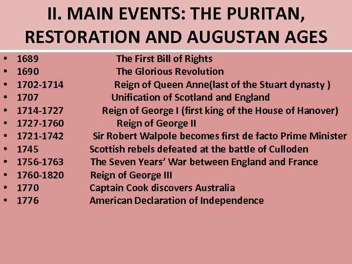 II. MAIN EVENTS: THE PURITAN, RESTORATION AND AUGUSTAN AGES • • • 1689 The