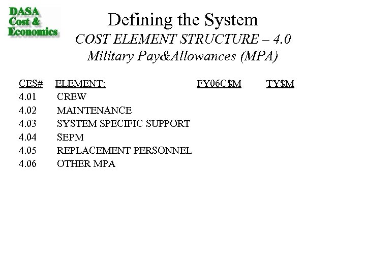 Defining the System COST ELEMENT STRUCTURE – 4. 0 Military Pay&Allowances (MPA) CES# ELEMENT: