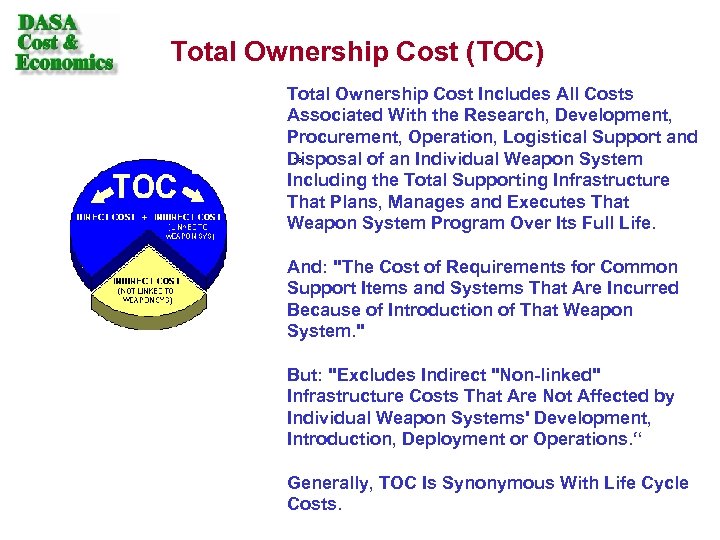 Total Ownership Cost (TOC) Total Ownership Cost Includes All Costs Associated With the Research,