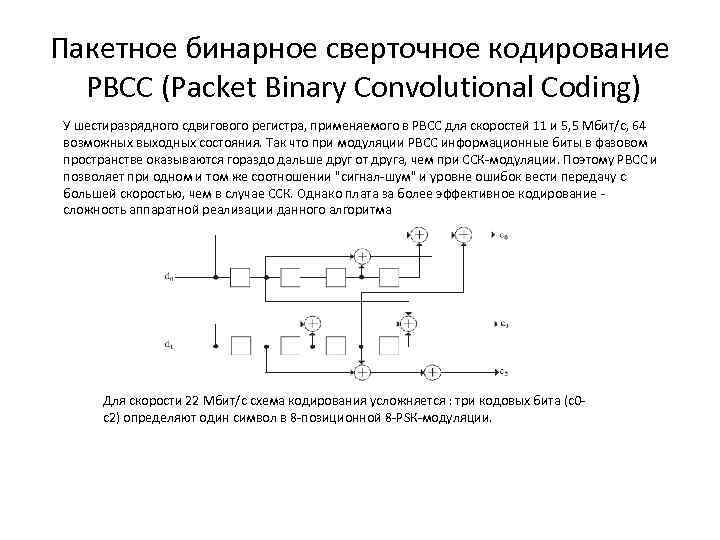 Пакетное бинарное сверточное кодирование РВСС (Packet Binary Convolutional Coding) У шестиразрядного сдвигового регистра, применяемого