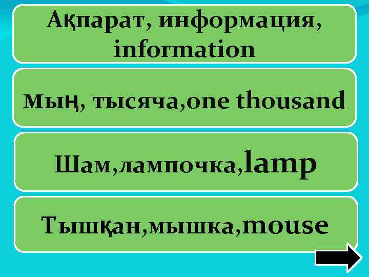 Ақпарат, информация, information мың, тысяча, one thousand Шам, лампочка, lamp Тышқан, мышка, mouse 