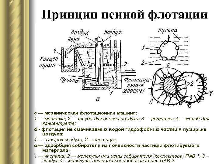 Принцип пенной флотации а — механическая флотационная машина: 1 — мешалка; 2 — труба