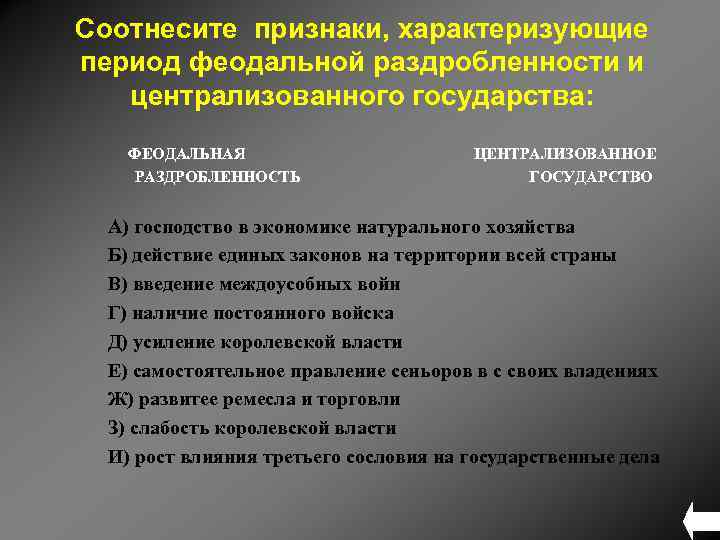 Соотнесите признаки, характеризующие период феодальной раздробленности и централизованного государства: ФЕОДАЛЬНАЯ РАЗДРОБЛЕННОСТЬ ЦЕНТРАЛИЗОВАННОЕ ГОСУДАРСТВО А)