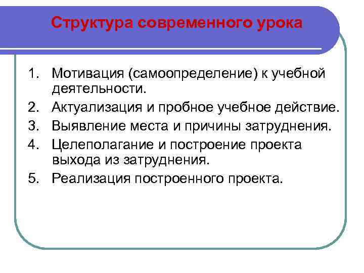 Структура современного урока 1. Мотивация (самоопределение) к учебной деятельности. 2. Актуализация и пробное учебное