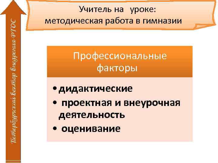 Петербургский вектор внедрения ФГОС Учитель на уроке: методическая работа в гимназии Профессиональные факторы •