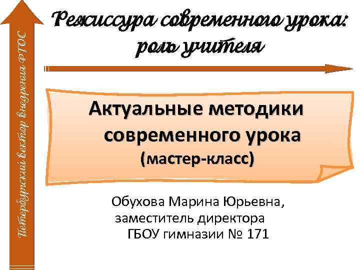 Петербургский вектор внедрения ФГОС Режиссура современного урока: роль учителя Актуальные методики современного урока (мастер-класс)
