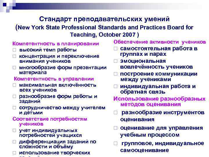 Стандарт преподавательских умений (New York State Professional Standards and Practices Board for Teaching, October