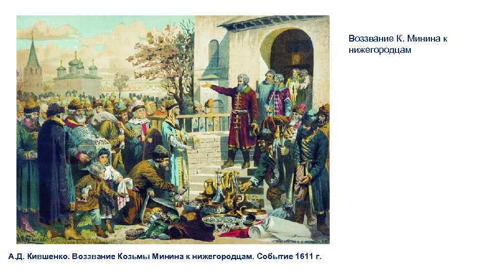 Воззвание К. Минина к нижегородцам А. Д. Кившенко. Воззвание Козьмы Минина к нижегородцам. Событие