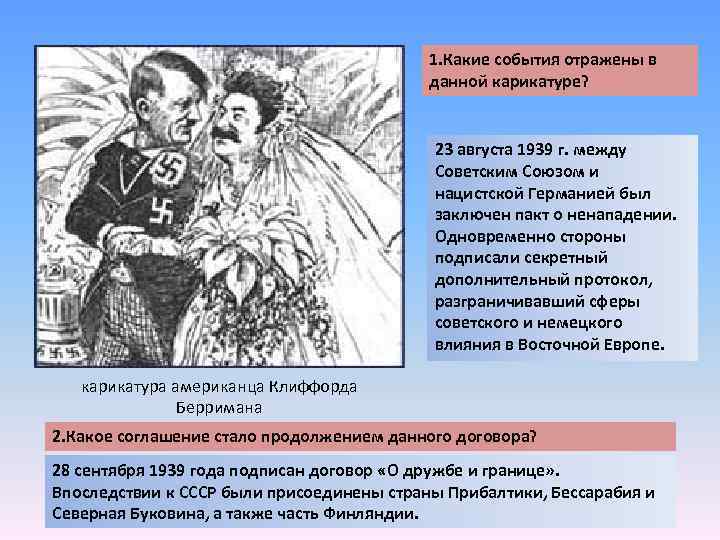 1. Какие события отражены в данной карикатуре? 23 августа 1939 г. между Советским Союзом