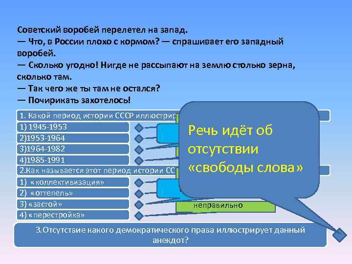 Советский воробей перелетел на запад. — Что, в России плохо с кормом? — спрашивает