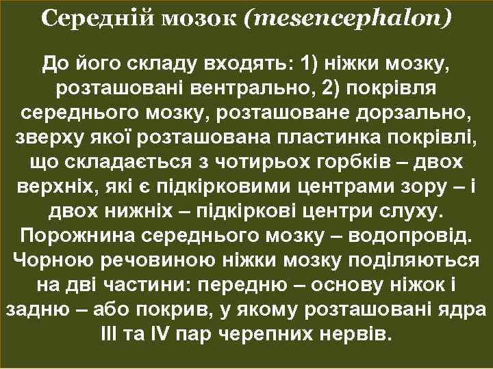 Середній мозок (mesencephalon) До його складу входять: 1) ніжки мозку, розташовані вентрально, 2) покрівля