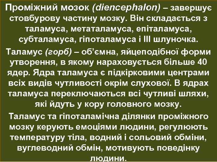 Проміжний мозок (diencephalon) – завершує стовбурову частину мозку. Він складається з таламуса, метаталамуса, епіталамуса,