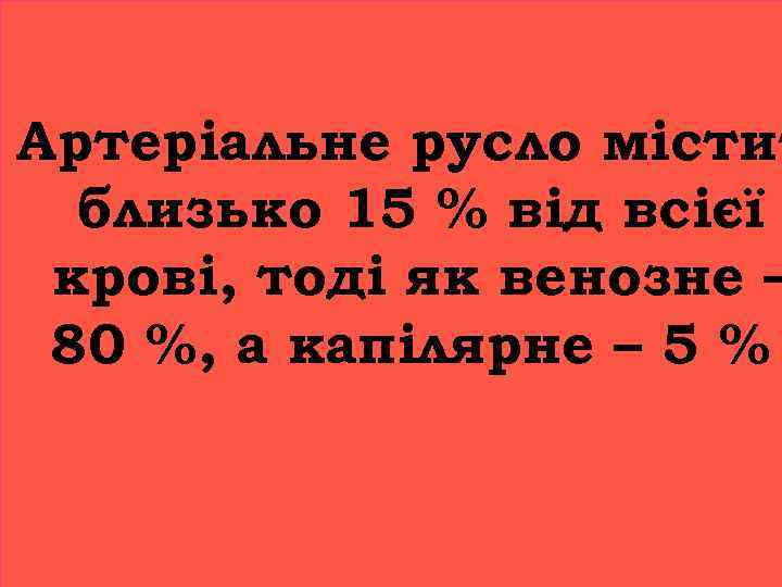 Артеріальне русло містит близько 15 % від всієї крові, тоді як венозне – 80