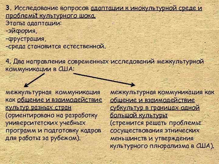 3. Исследование вопросов адаптации к инокультурной среде и проблемы культурного шока. Этапы адаптации: -эйфория,