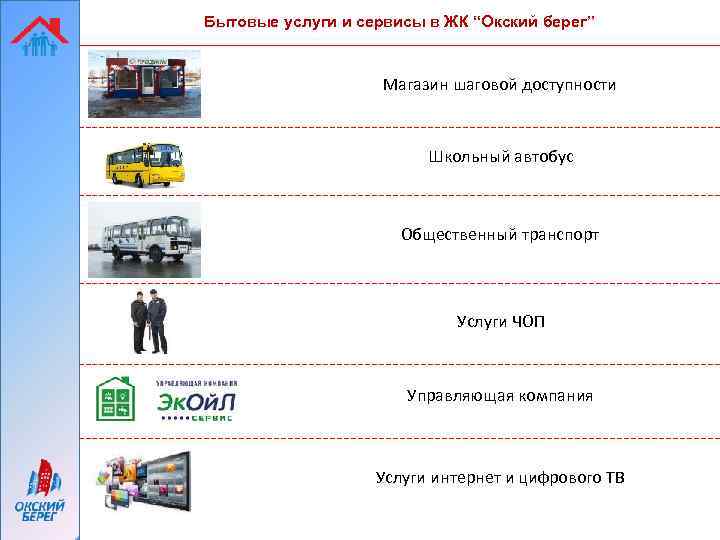 Бытовые услуги и сервисы в ЖК “Окский берег” Магазин шаговой доступности Школьный автобус Общественный