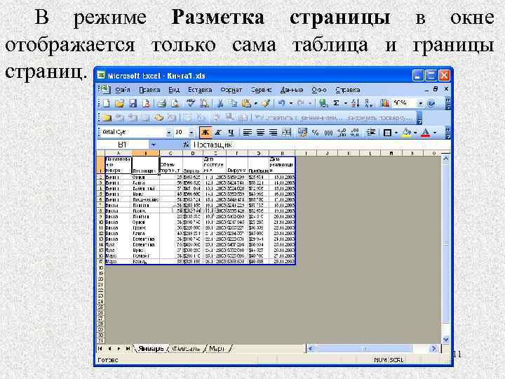 В режиме Разметка страницы в окне отображается только сама таблица и границы страниц. 11
