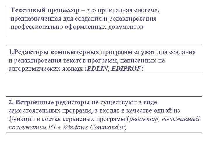 Текстовый процессор – это прикладная система, предназначенная для создания и редактирования профессионально оформленных документов