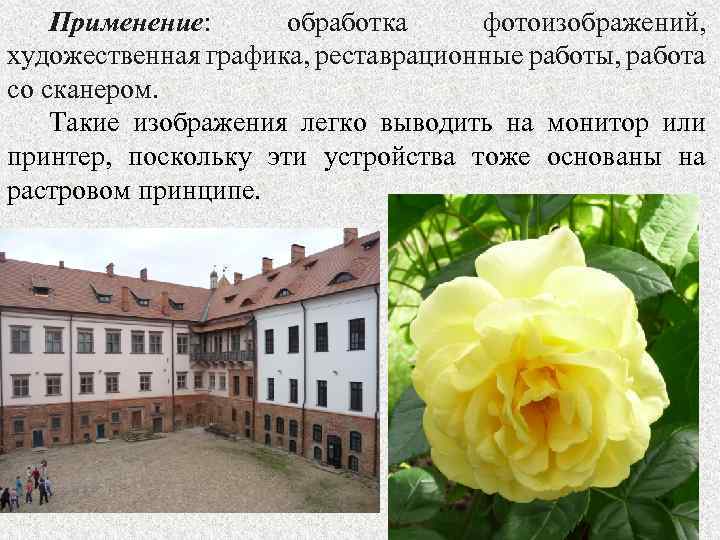 Применение: обработка фотоизображений, художественная графика, реставрационные работы, работа со сканером. Такие изображения легко выводить