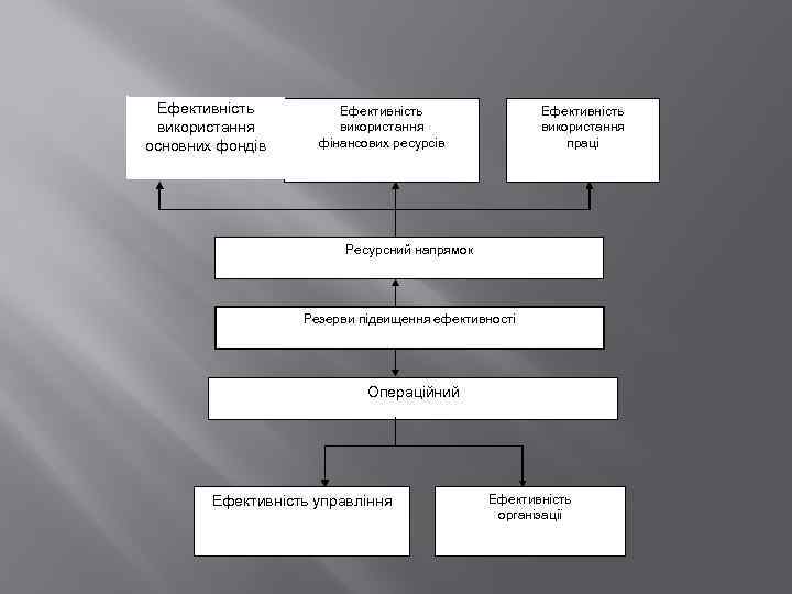 Ефективність використання основних фондів Ефективність використання фінансових ресурсів Ефективність використання праці Ресурсний напрямок Резерви