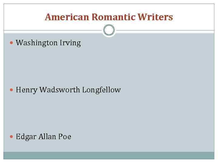 American Romantic Writers Washington Irving Henry Wadsworth Longfellow Edgar Allan Poe 