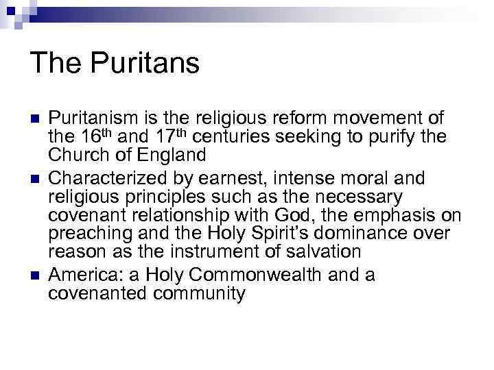 The Puritans n n n Puritanism is the religious reform movement of the 16