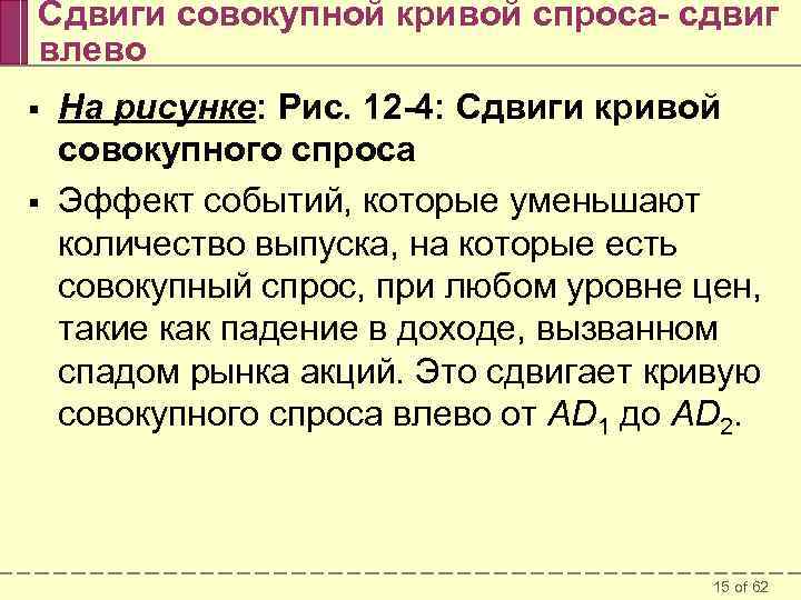 Сдвиги совокупной кривой спроса- сдвиг влево § § На рисунке: Рис. 12 -4: Сдвиги