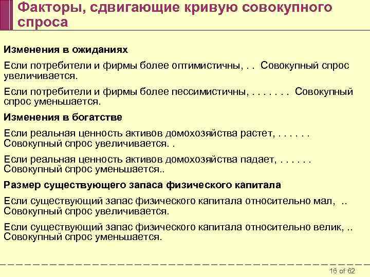 Факторы, сдвигающие кривую совокупного спроса Изменения в ожиданиях Если потребители и фирмы более оптимистичны,