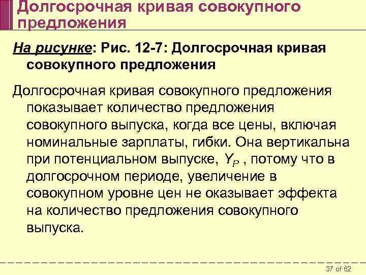 Долгосрочная кривая совокупного предложения На рисунке: Рис. 12 -7: Долгосрочная кривая совокупного предложения показывает