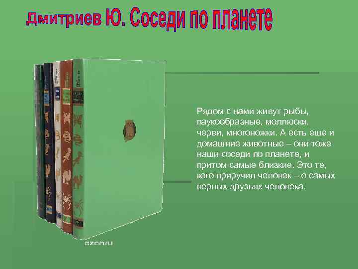 Рядом с нами живут рыбы, паукообразные, моллюски, черви, многоножки. А есть еще и домашние