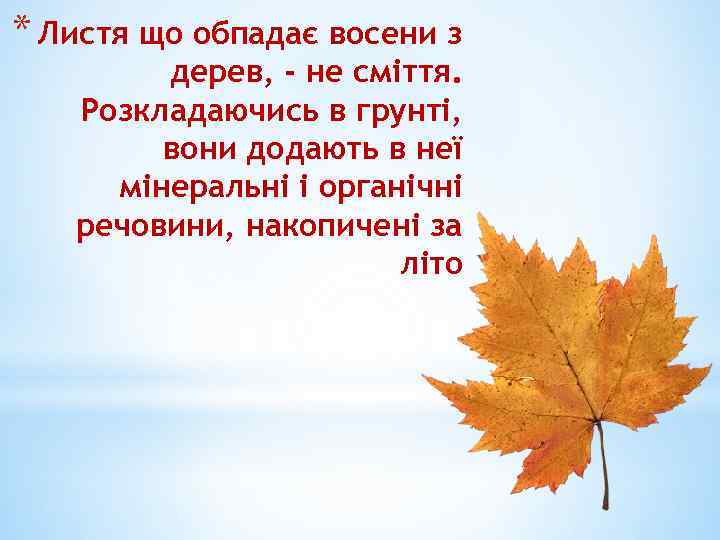 * Листя що обпадає восени з дерев, - не сміття. Розкладаючись в грунті, вони