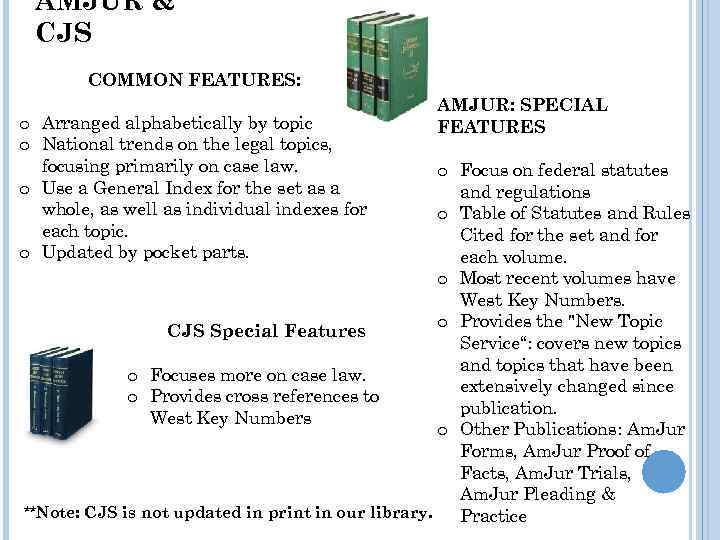 AMJUR & CJS COMMON FEATURES: o Arranged alphabetically by topic o National trends on