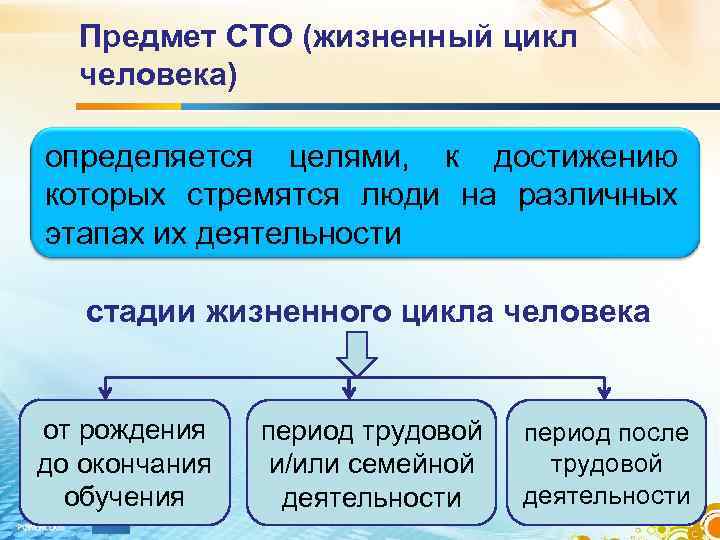 Предмет СТО (жизненный цикл человека) определяется целями, к достижению которых стремятся люди на различных