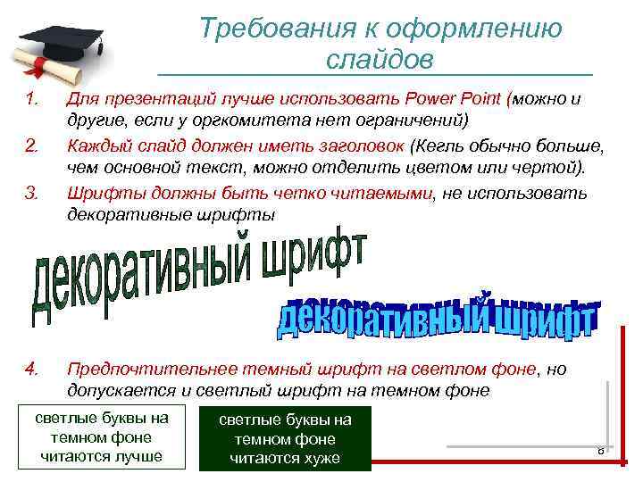 Требования к оформлению слайдов 1. 2. 3. 4. Для презентаций лучше использовать Power Point