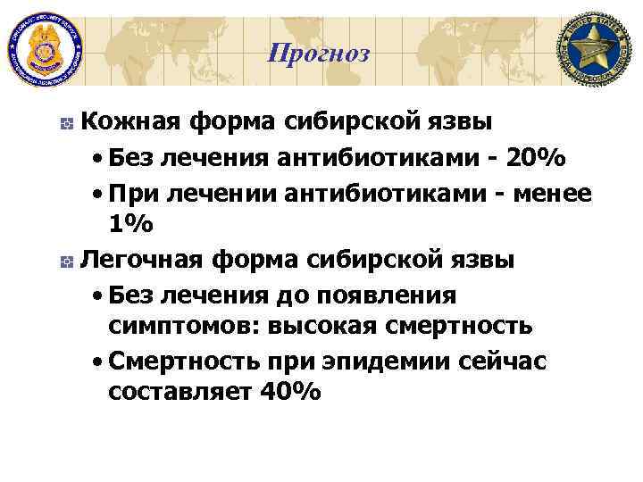 Прогноз Кожная форма сибирской язвы • Без лечения антибиотиками - 20% • При лечении