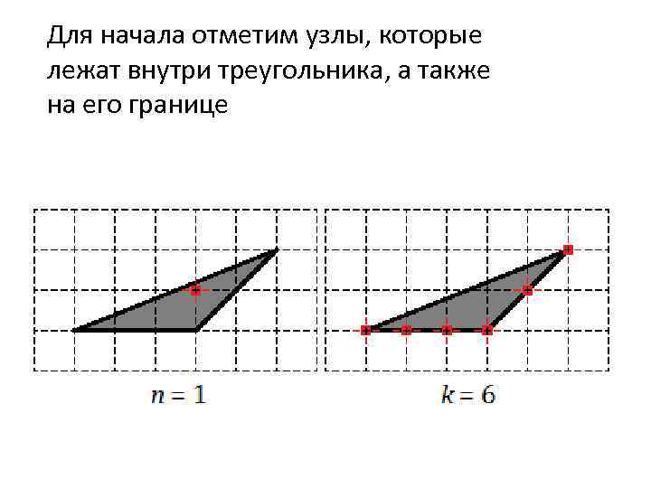 Для начала отметим узлы, которые лежат внутри треугольника, а также на его границе 