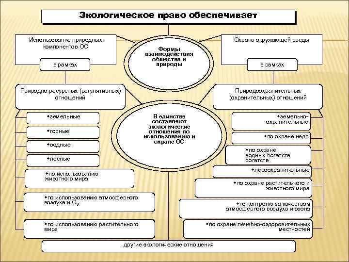 Экологическое право обеспечивает Использование природных компонентов ОС Охрана окружающей среды Формы взаимодействия общества и