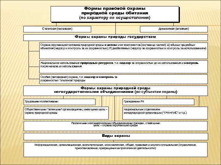 Формы правовой охраны природной среды обитания (по характеру ее осуществления) Статичная (пассивная) Динамичная (активная)