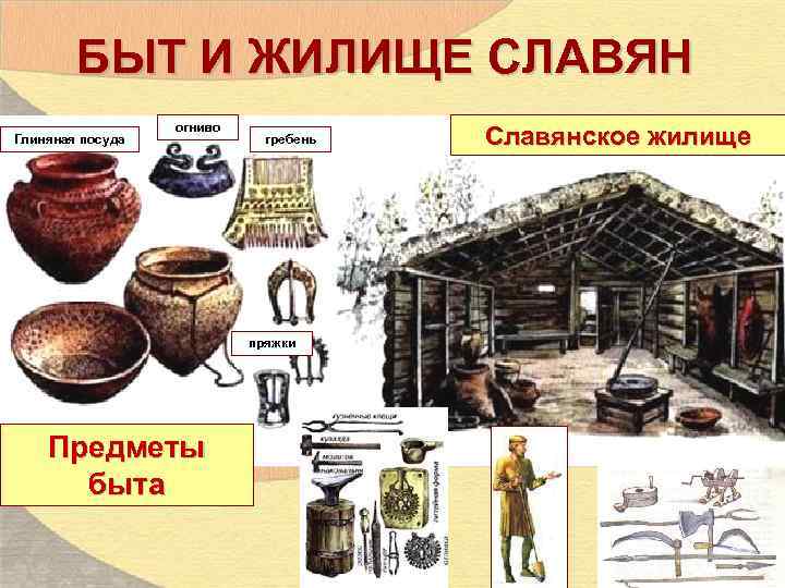 БЫТ И ЖИЛИЩЕ СЛАВЯН Глиняная посуда огниво гребень пряжки Предметы быта Славянское жилище 