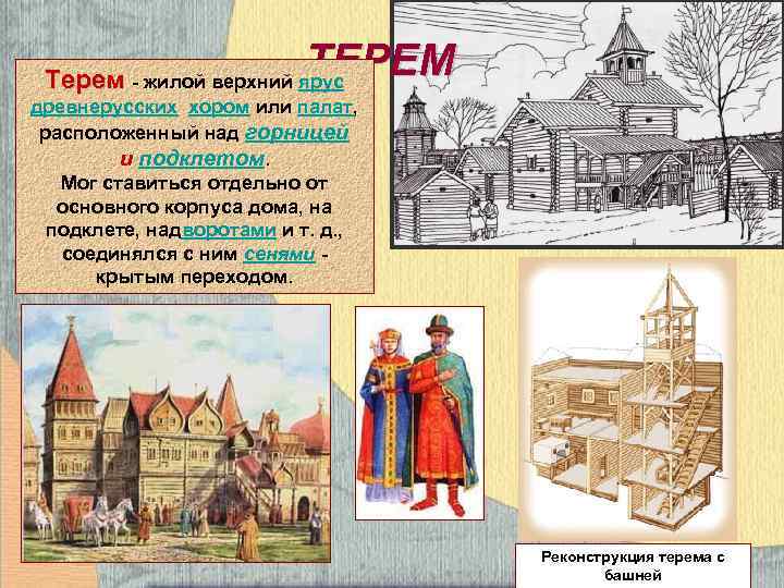 ТЕРЕМ Терем - жилой верхний ярус древнерусских хором или палат, расположенный над горницей и