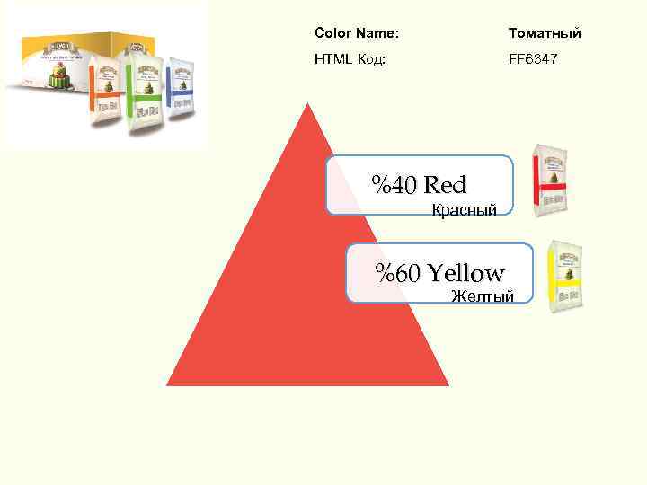 Color Name: Томатный HTML Код: FF 6347 %40 Red Красный %60 Yellow Желтый 