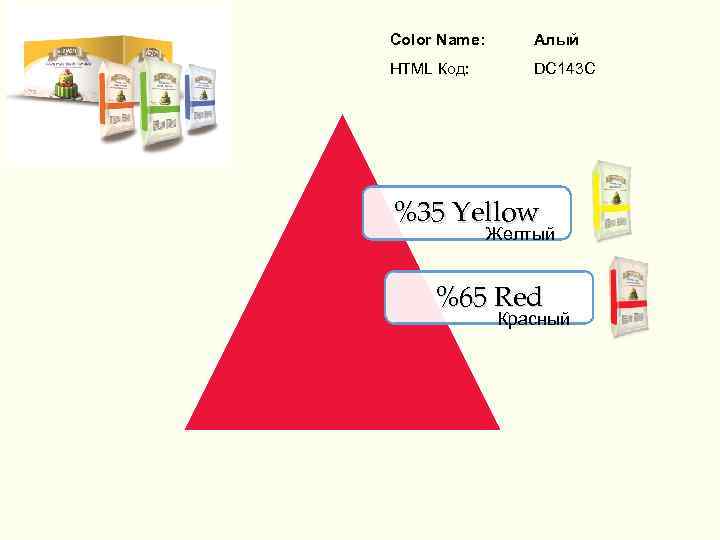 Color Name: Алый HTML Код: DC 143 C %35 Yellow Желтый %65 Red Красный