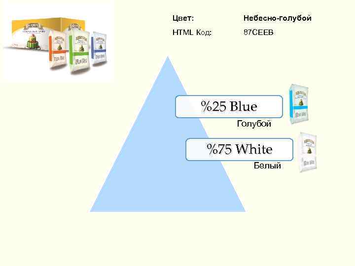 Цвет: Небесно-голубой HTML Код: 87 CEEB %25 Blue Голубой %75 White Белый 