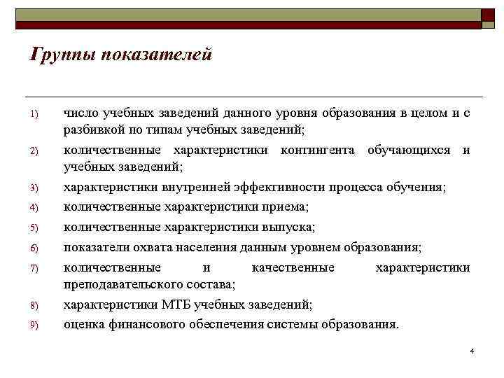 Группы показателей 1) 2) 3) 4) 5) 6) 7) 8) 9) число учебных заведений