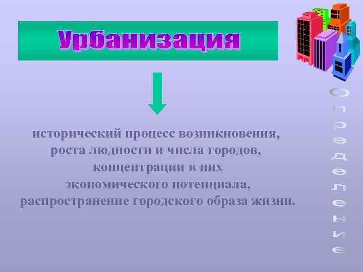 исторический процесс возникновения, роста людности и числа городов, концентрации в них экономического потенциала, распространение